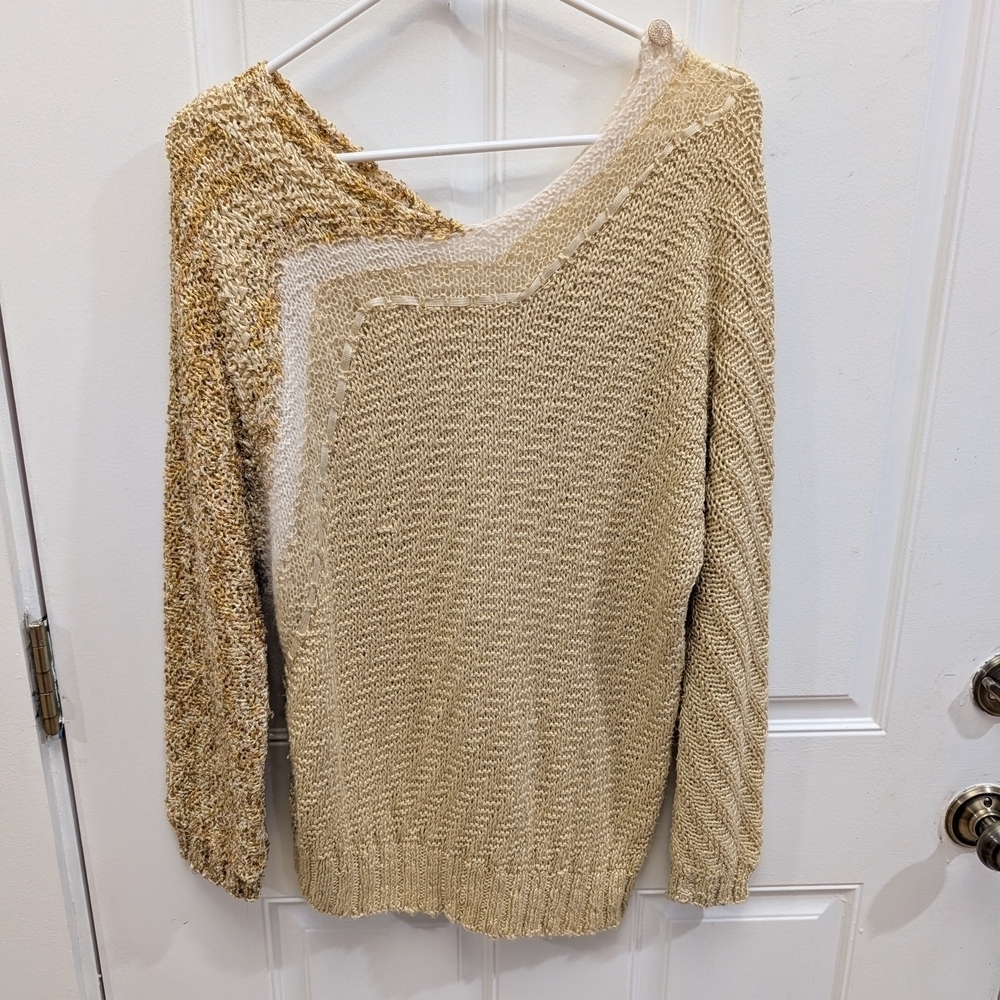 Handknit Mixed Media Sweater With Button Accent